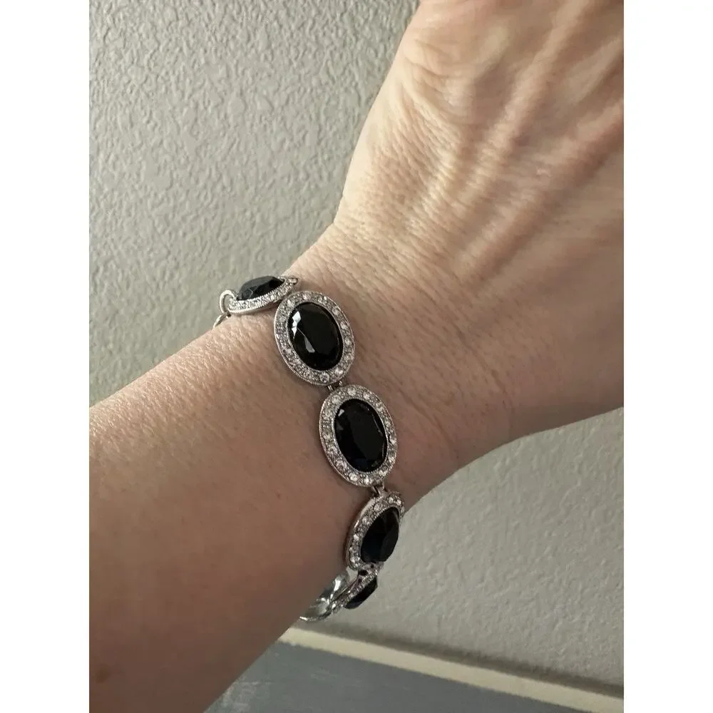 Vintage Monet Faceted Black Glass and Clear Rhinestone Toggle Clasp Bracelet